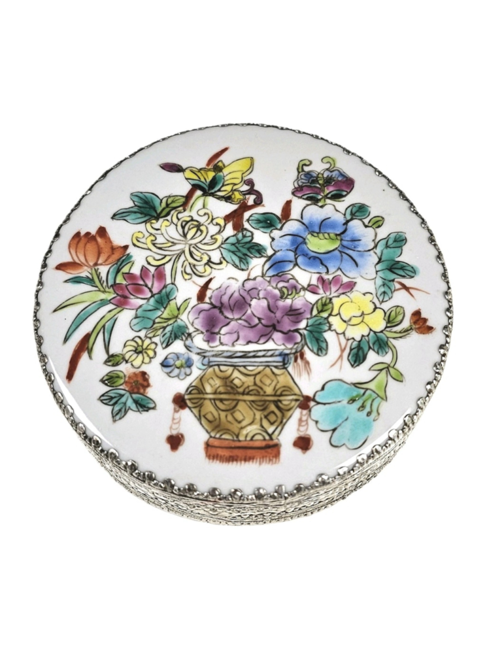 Vintage Chinese Silver Plated Trinket Box Hand Painted Porcelain Flower Vase 4"